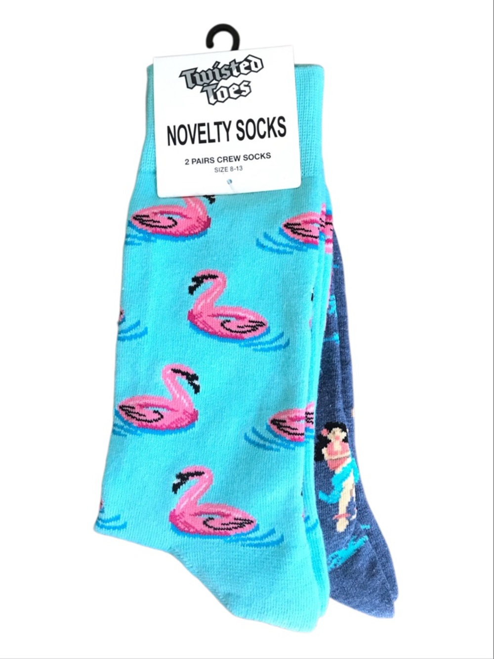 Twisted Toes Pink Flamingo Crew Socks on Turquoise - 2 Pack
